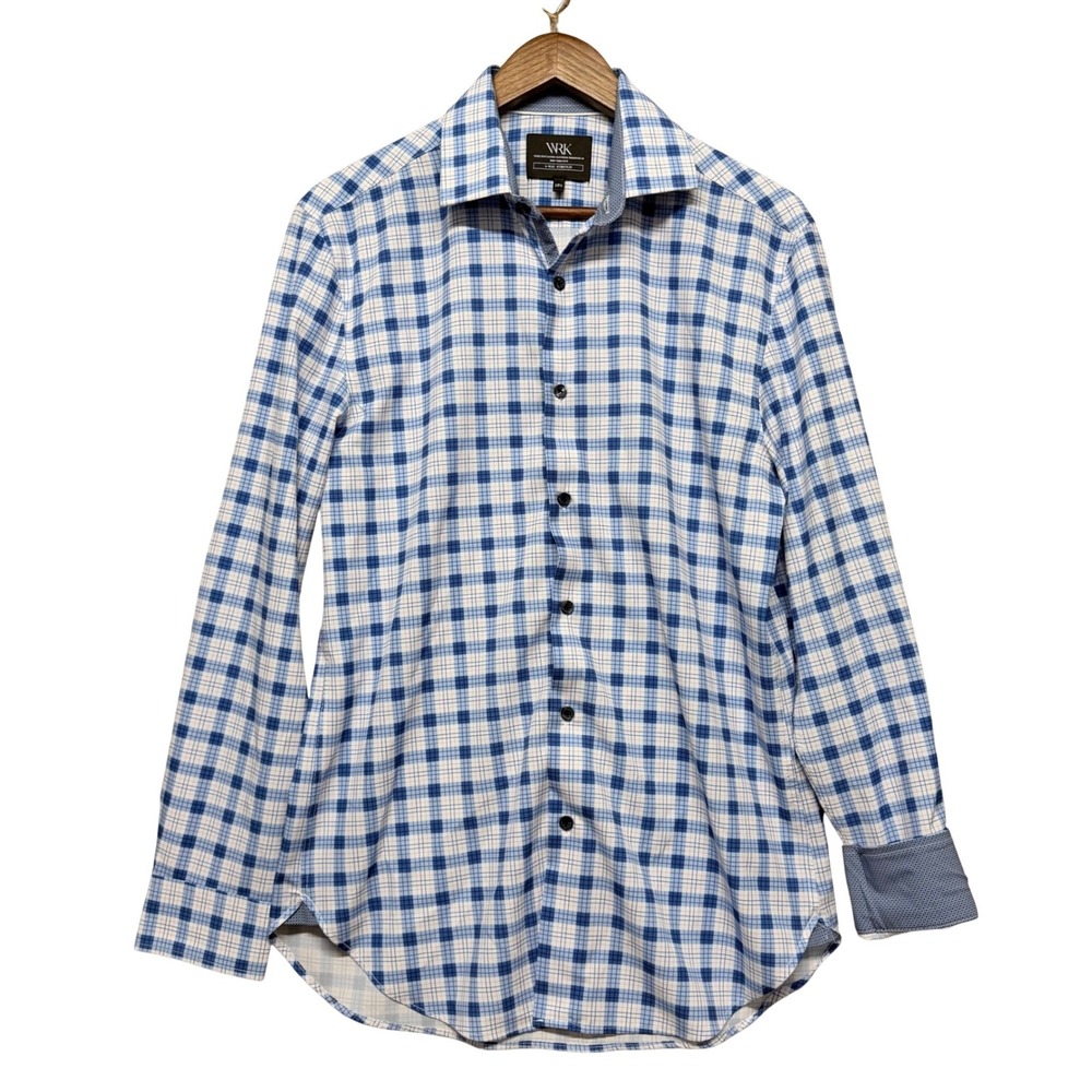 WRK Button Down Shirt Mens 15.5 Blue Plaid 4-Way Stretch Performance Preppy Tech